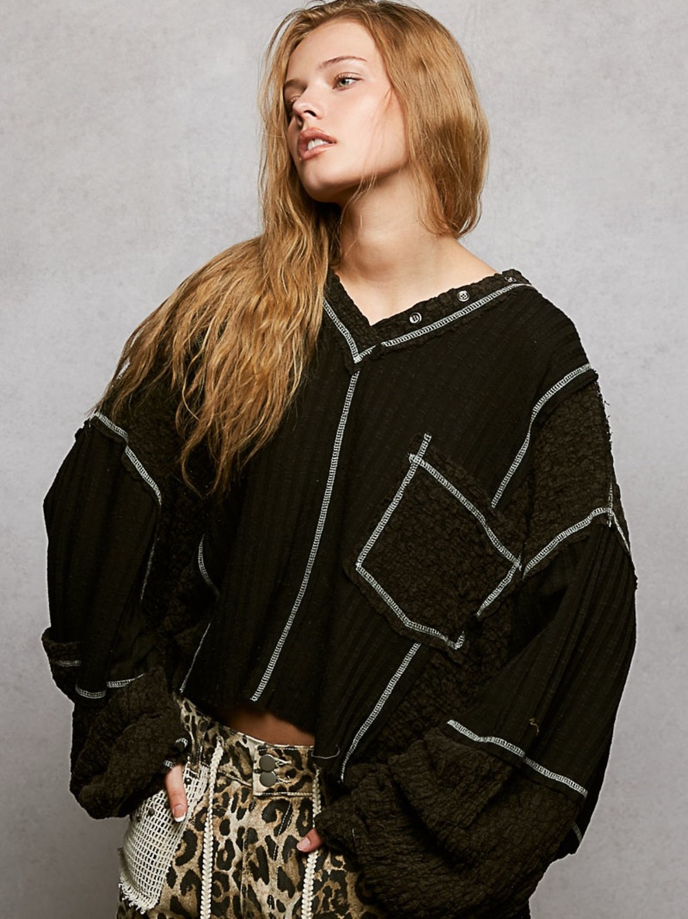 979. POL Black Patchwork Women's Top